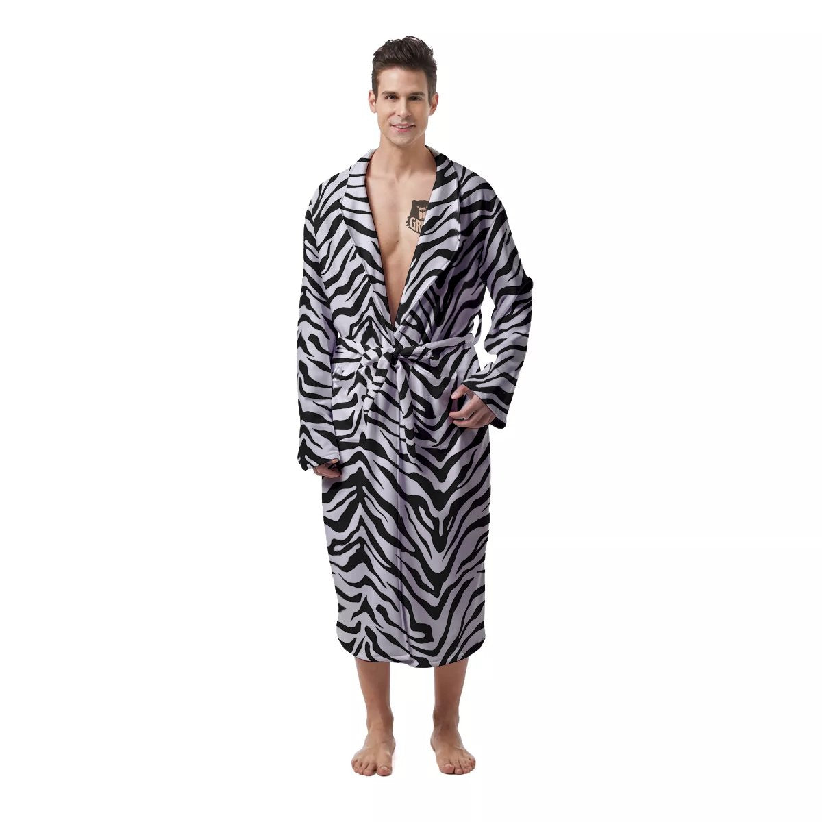 Stripe White Tiger Print Pattern Men's Robe-grizzshop