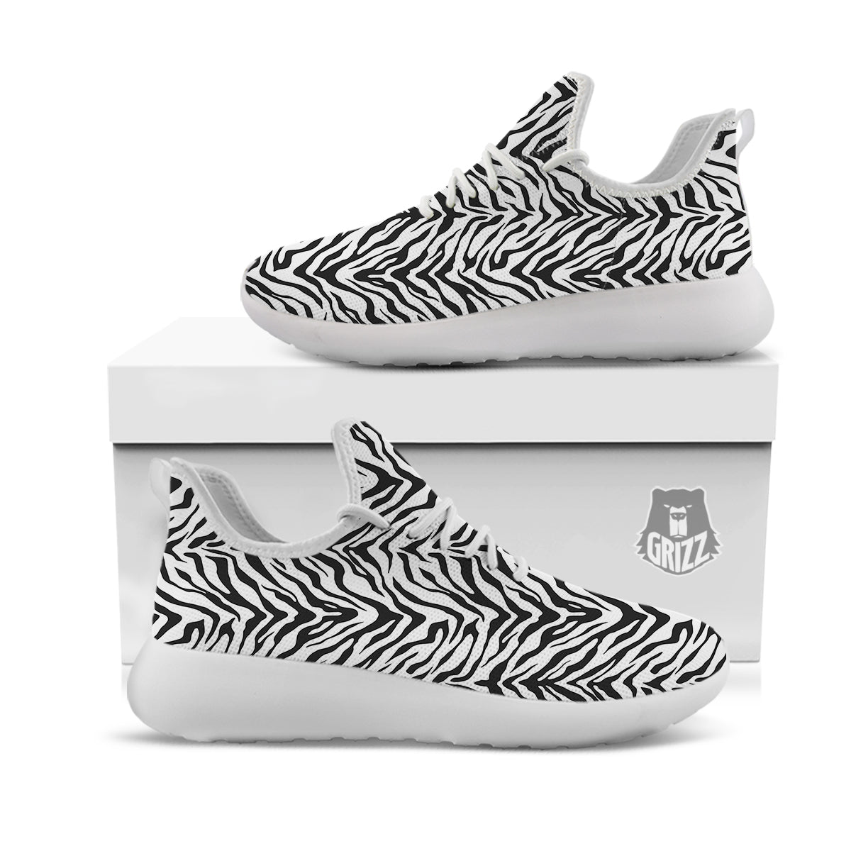 Stripe White Tiger Print Pattern White Athletic Shoes-grizzshop