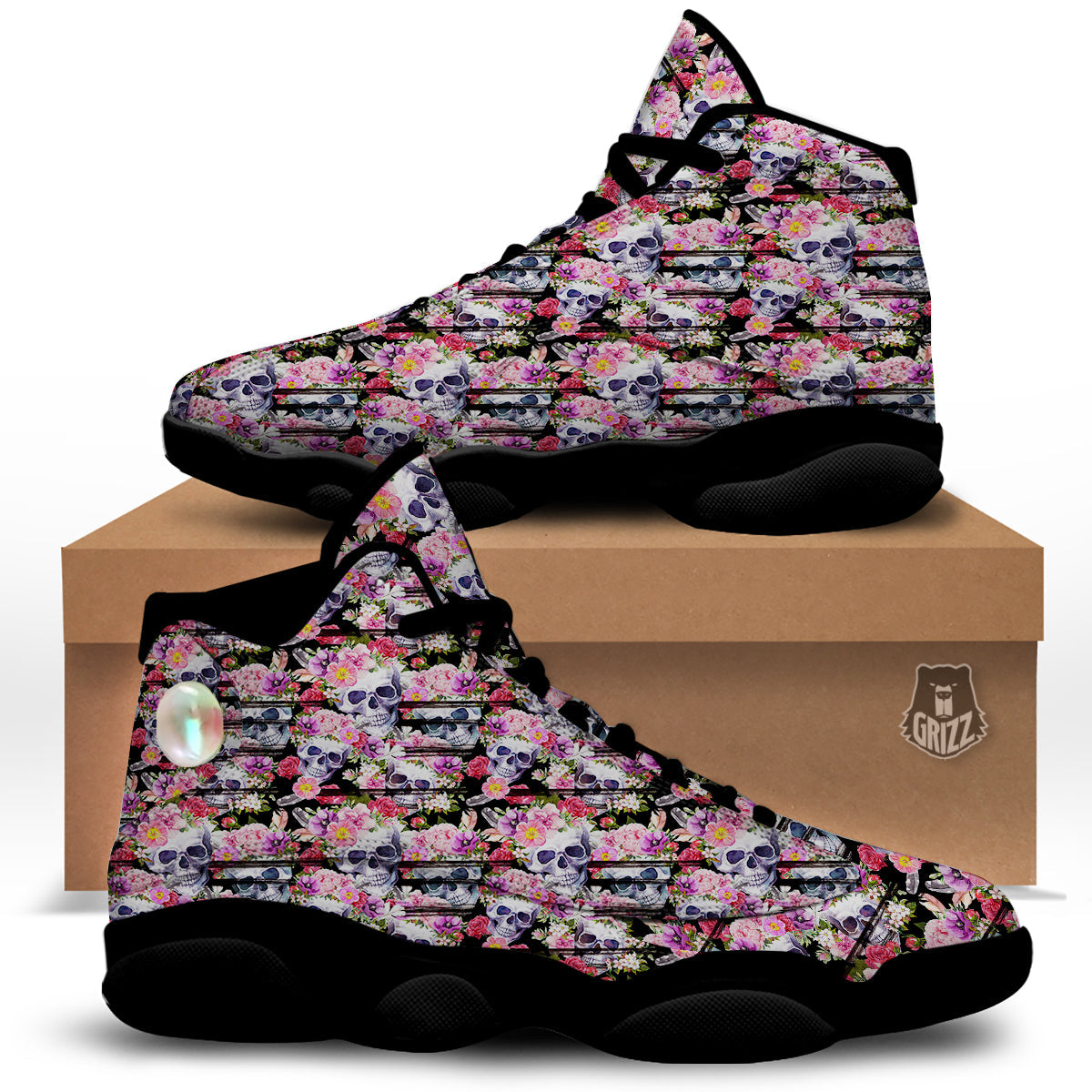 Striped Aloha Skull Print Pattern Black Basketball Shoes-grizzshop