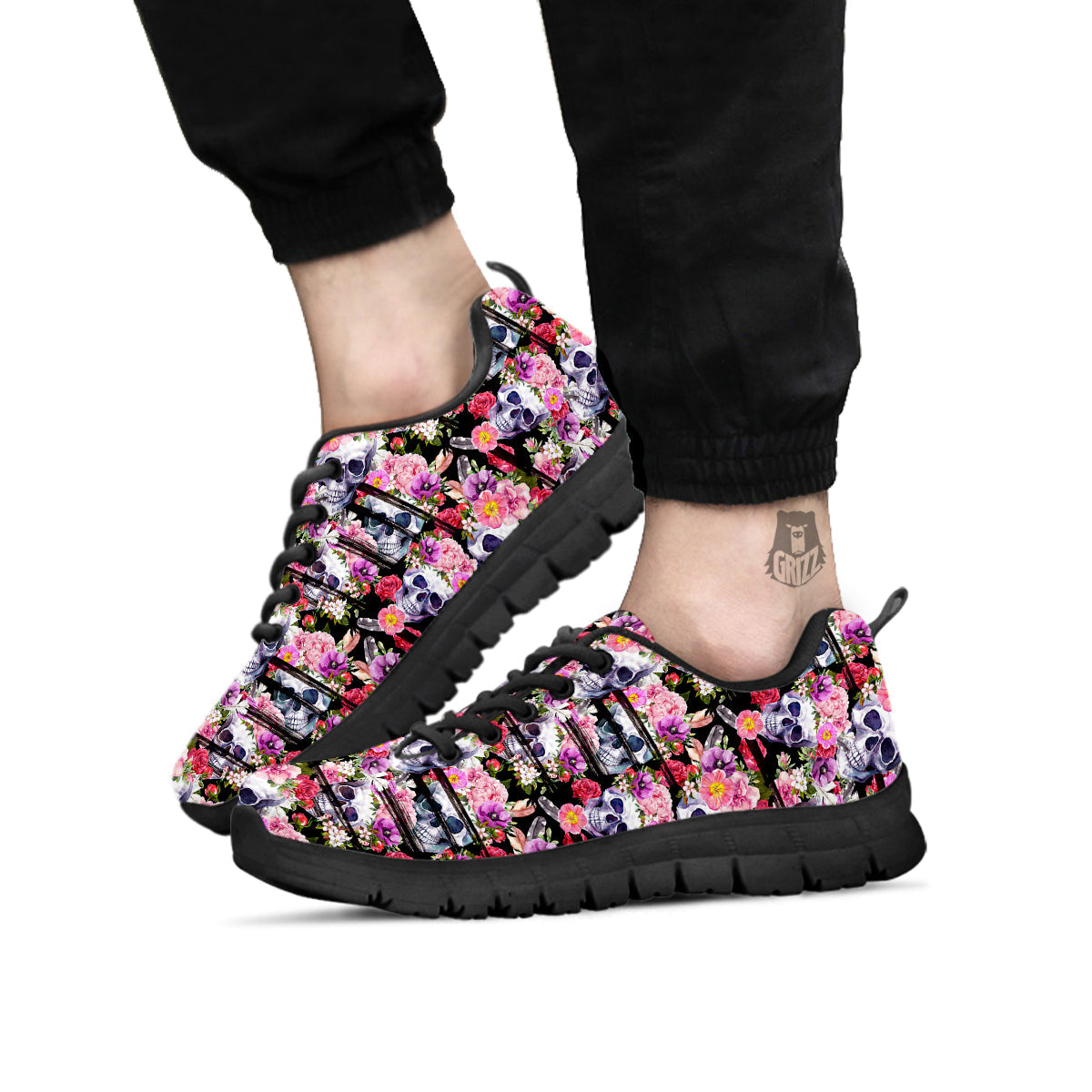 Striped Aloha Skull Print Pattern Black Sneaker-grizzshop