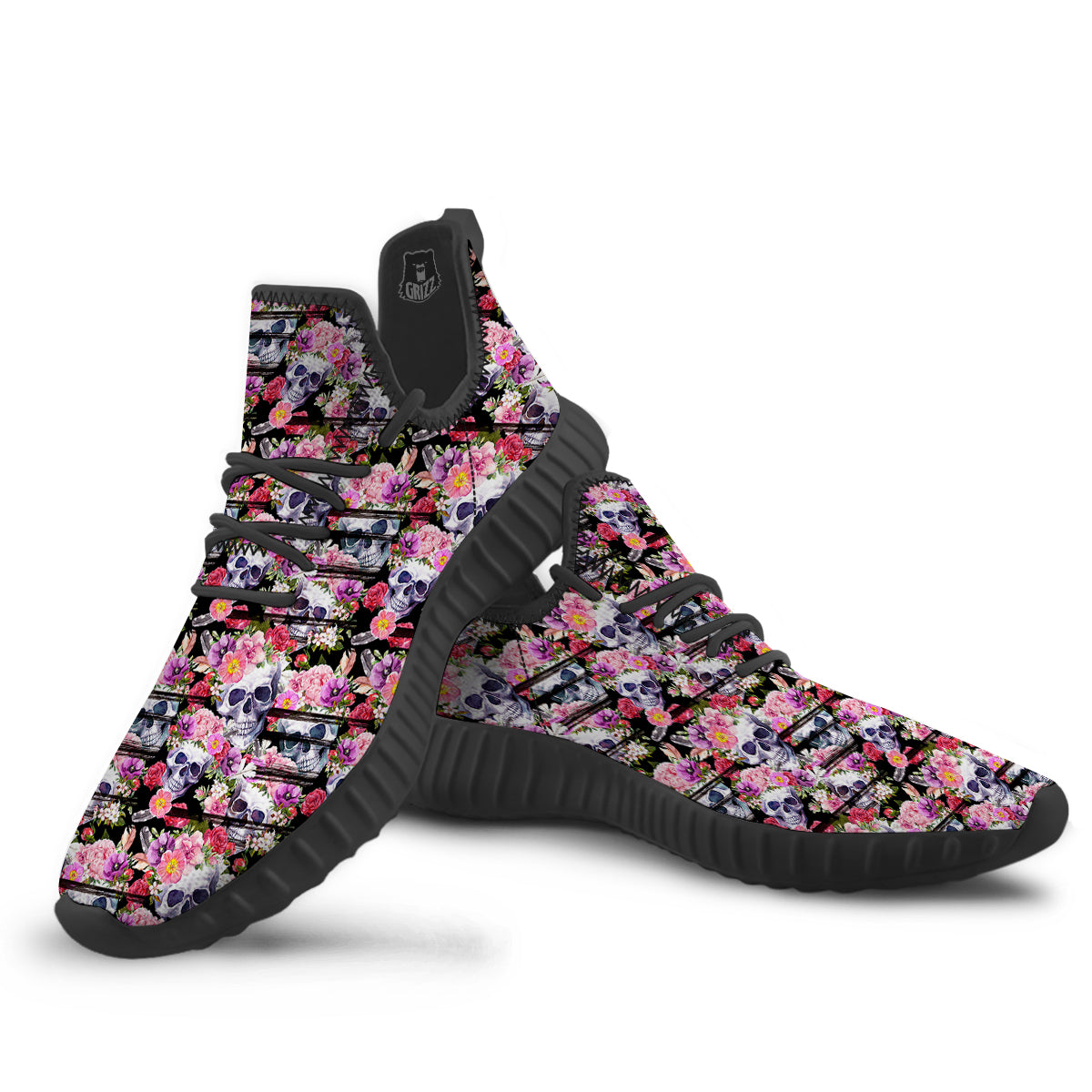 Striped Aloha Skull Print Pattern Black Walking Shoes-grizzshop