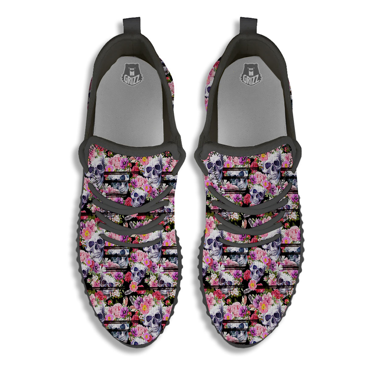 Striped Aloha Skull Print Pattern Black Walking Shoes-grizzshop