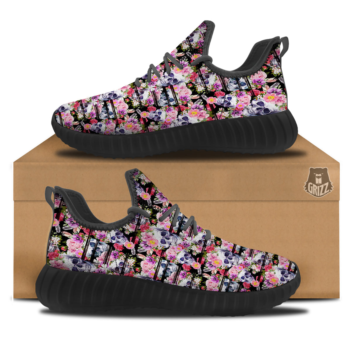 Striped Aloha Skull Print Pattern Black Walking Shoes-grizzshop