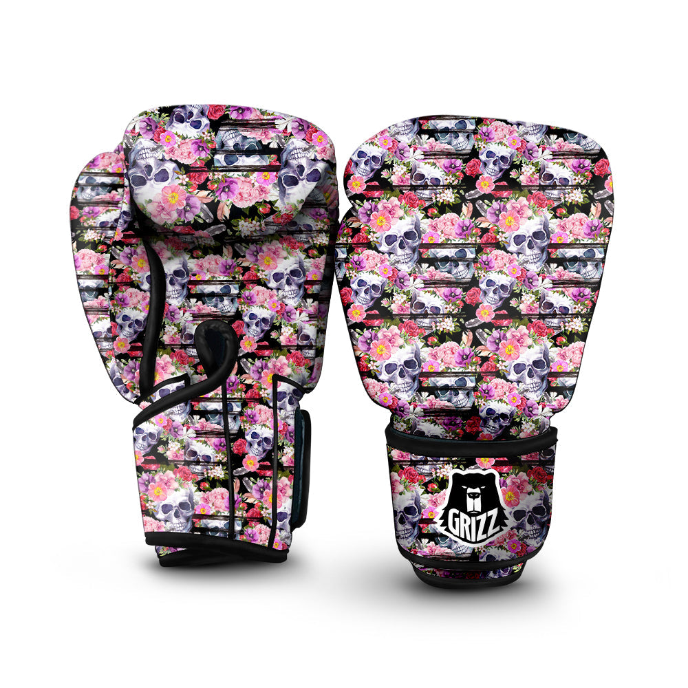 Striped Aloha Skull Print Pattern Boxing Gloves-grizzshop
