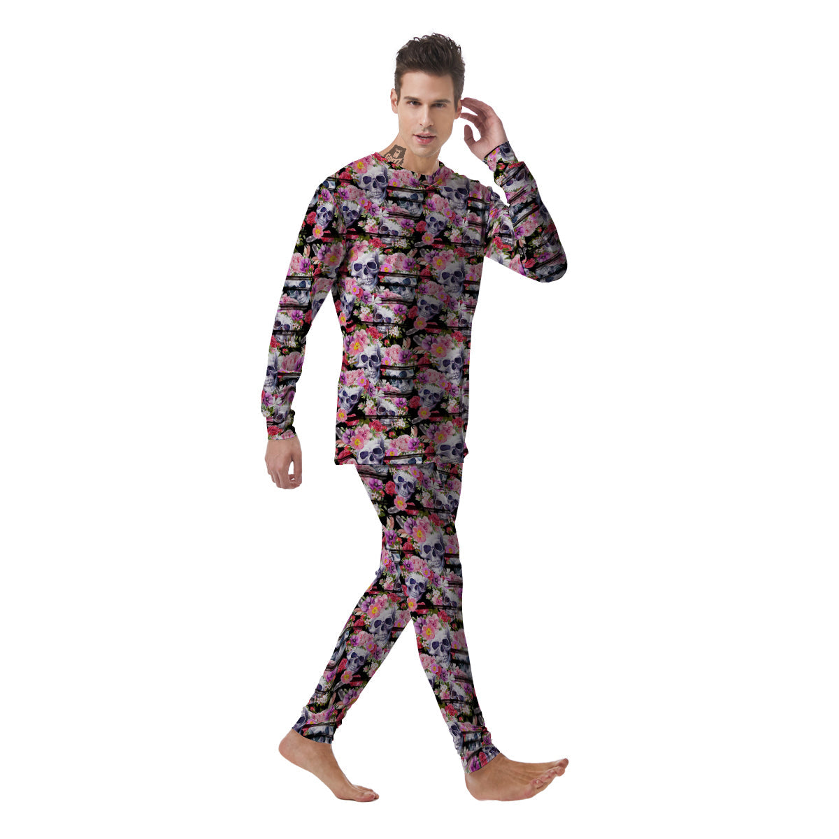 Striped Aloha Skull Print Pattern Men's Pajamas-grizzshop