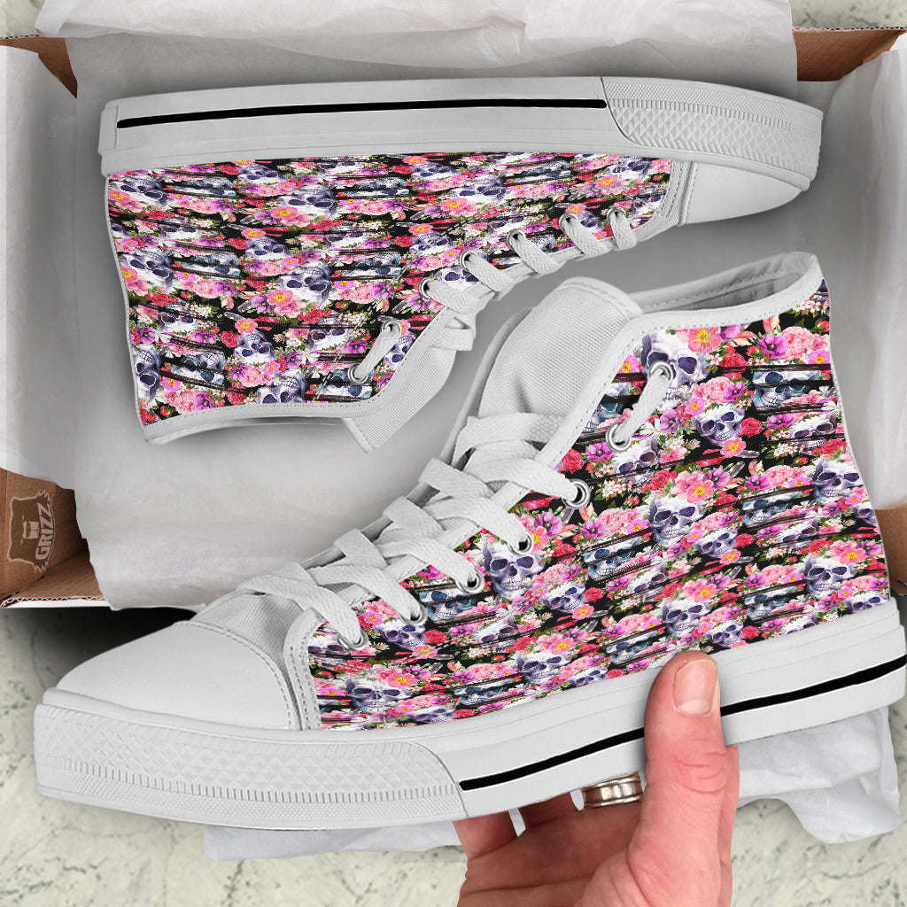 Striped Aloha Skull Print Pattern White High Top Shoes-grizzshop