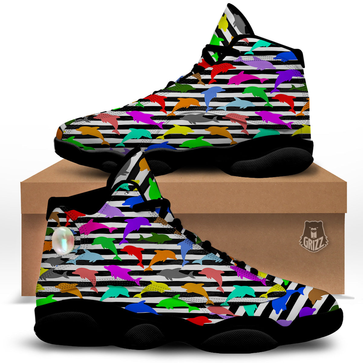Striped And Colorful Dolphin Print Pattern Black Basketball Shoes-grizzshop