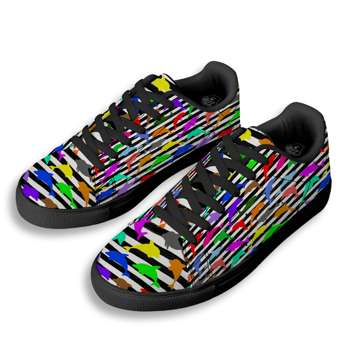 Striped And Colorful Dolphin Print Pattern Black Low Top Sneakers-grizzshop