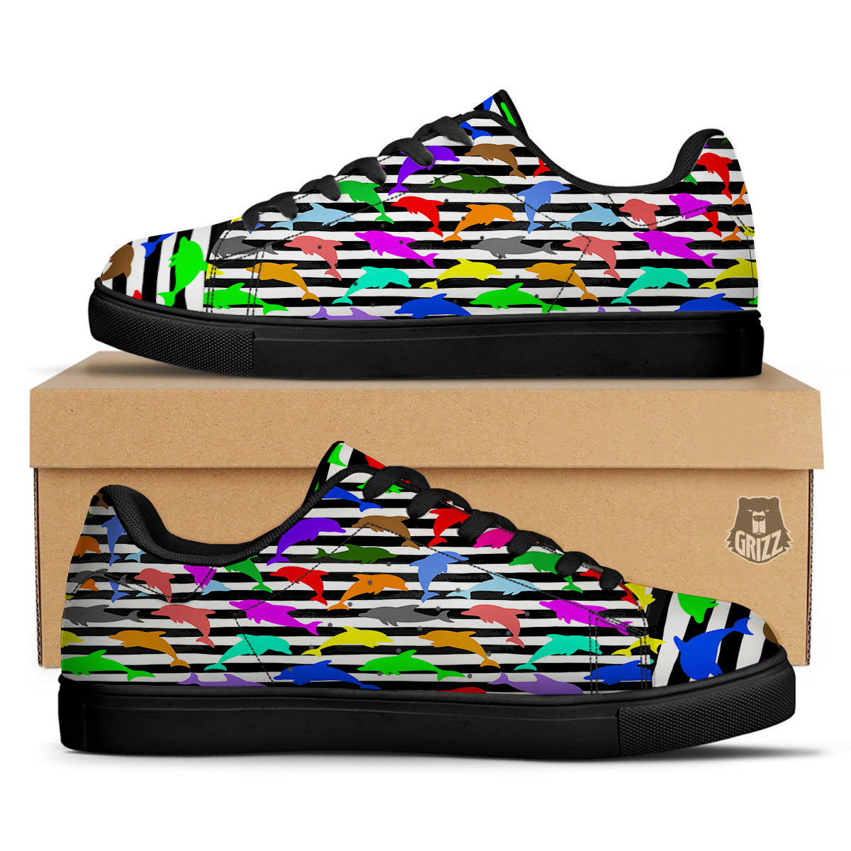 Striped And Colorful Dolphin Print Pattern Black Low Top Sneakers-grizzshop