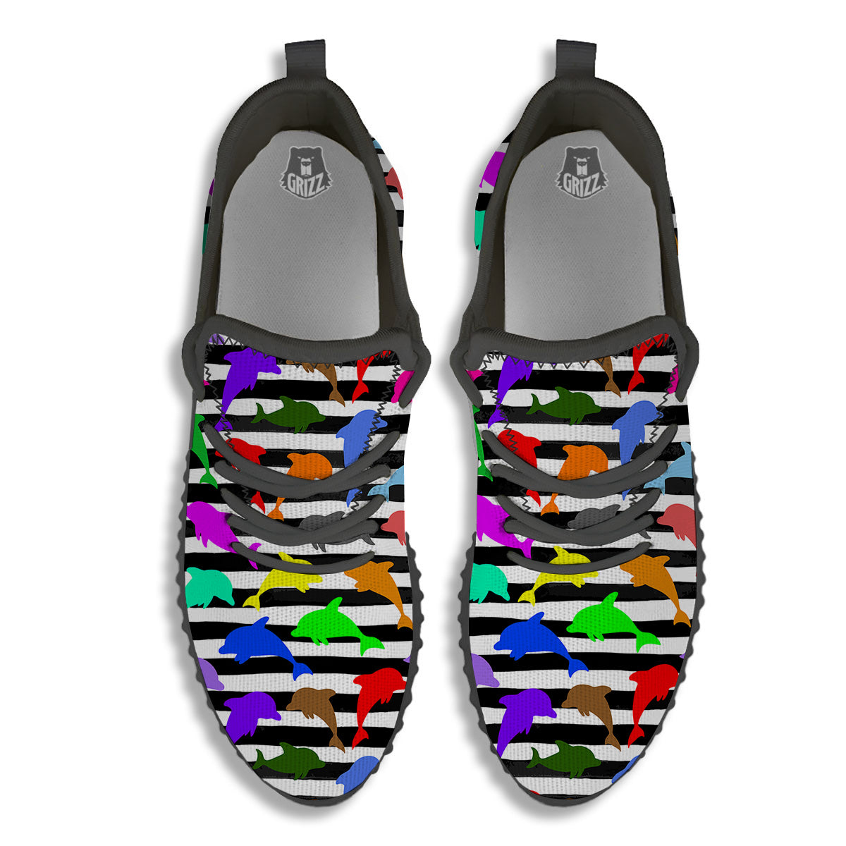 Striped And Colorful Dolphin Print Pattern Black Walking Shoes-grizzshop