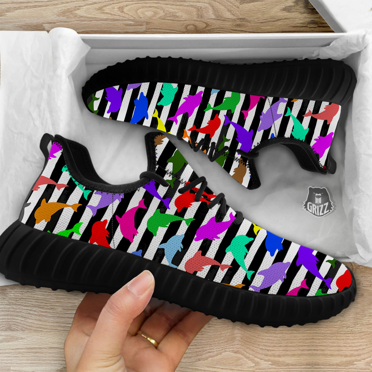 Striped And Colorful Dolphin Print Pattern Black Walking Shoes-grizzshop
