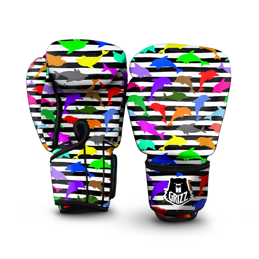 Striped And Colorful Dolphin Print Pattern Boxing Gloves-grizzshop
