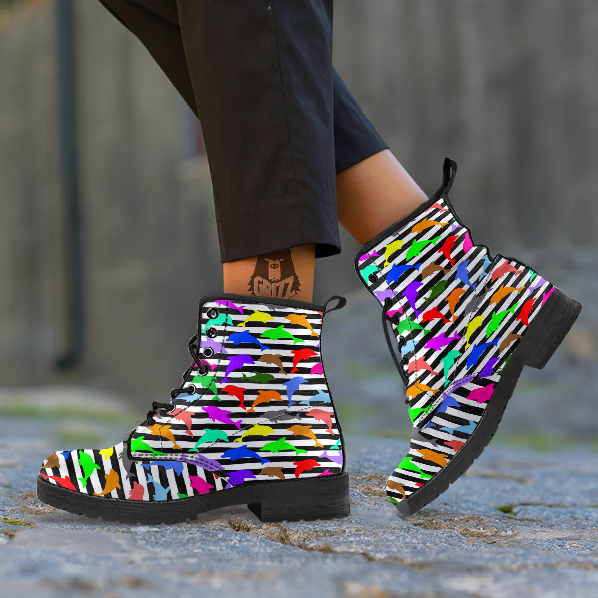 Striped And Colorful Dolphin Print Pattern Leather Boots-grizzshop