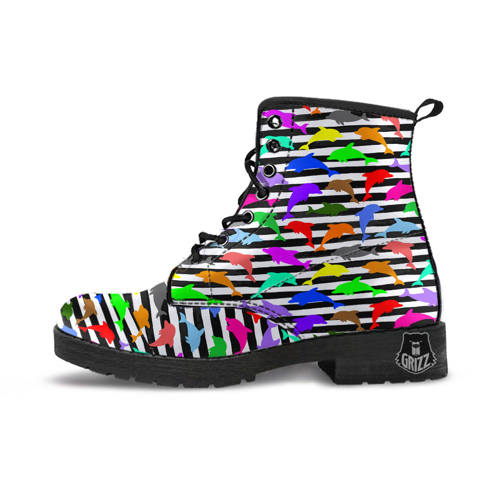 Striped And Colorful Dolphin Print Pattern Leather Boots-grizzshop
