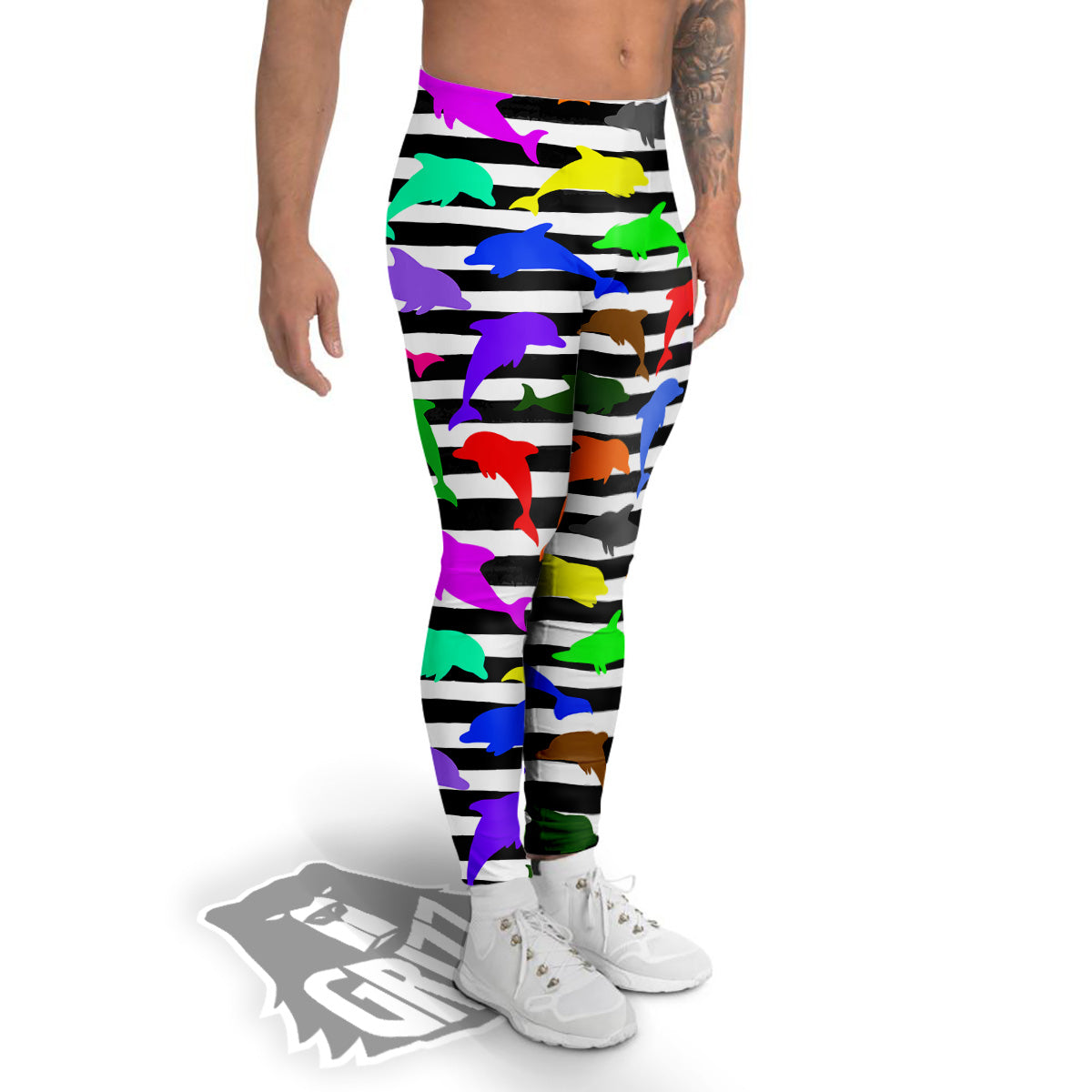 Striped And Colorful Dolphin Print Pattern Men's Leggings-grizzshop