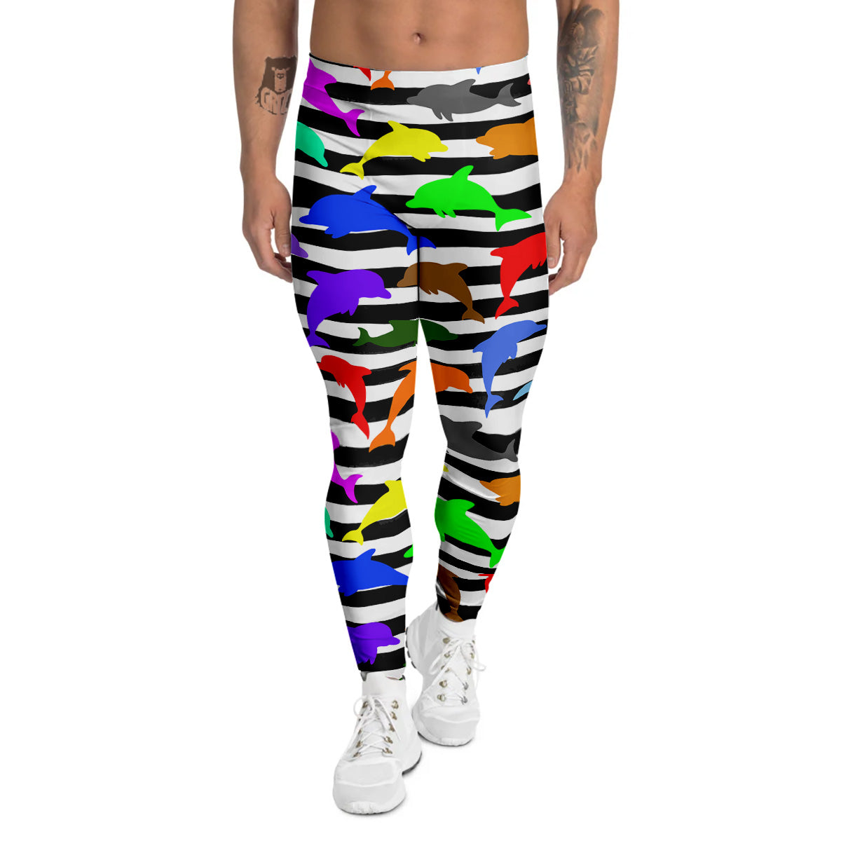 Striped And Colorful Dolphin Print Pattern Men's Leggings-grizzshop