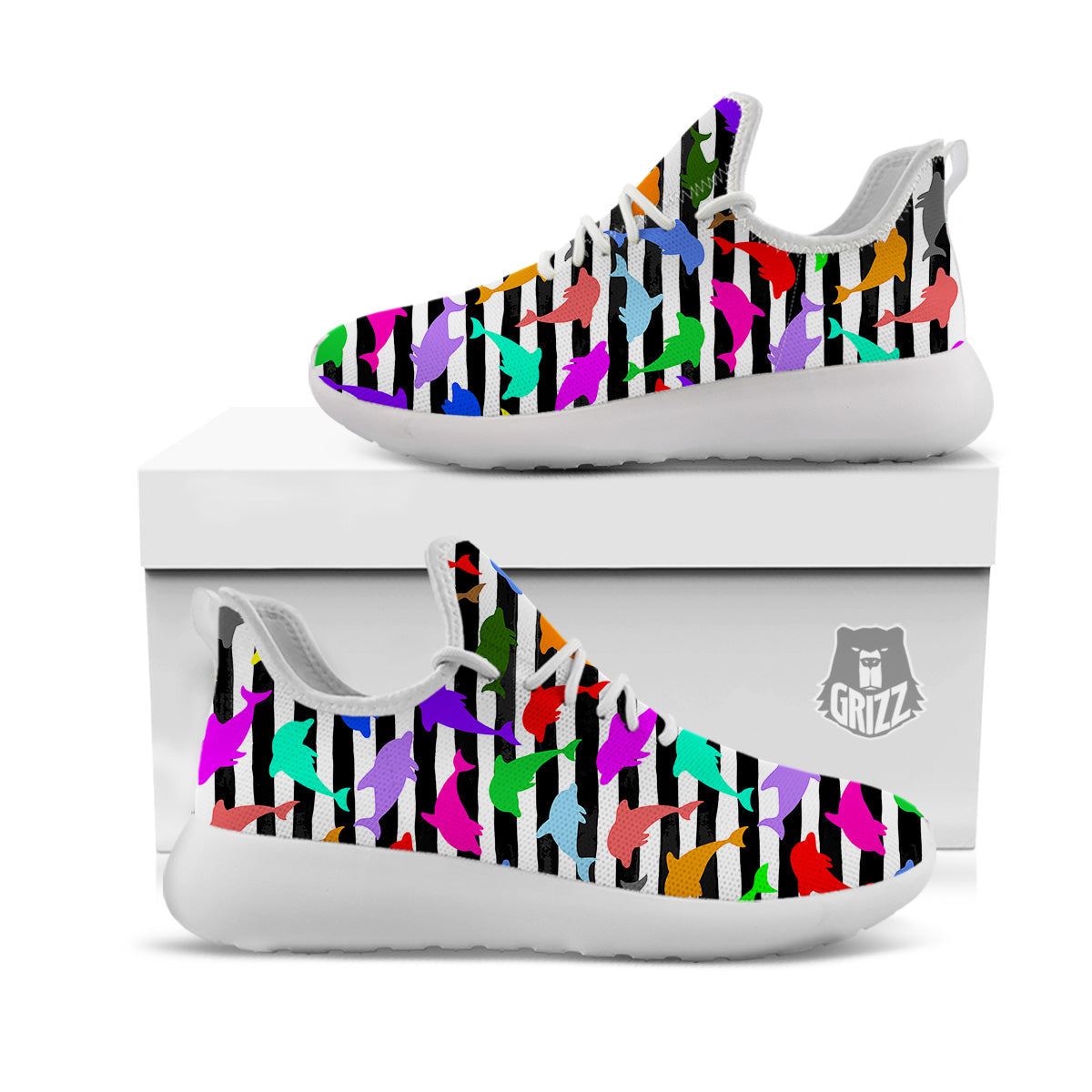 Striped And Colorful Dolphin Print Pattern White Athletic Shoes-grizzshop