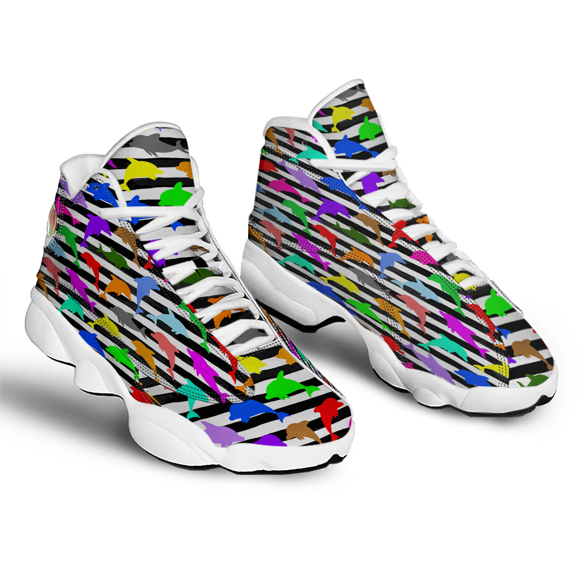 Striped And Colorful Dolphin Print Pattern White Basketball Shoes-grizzshop