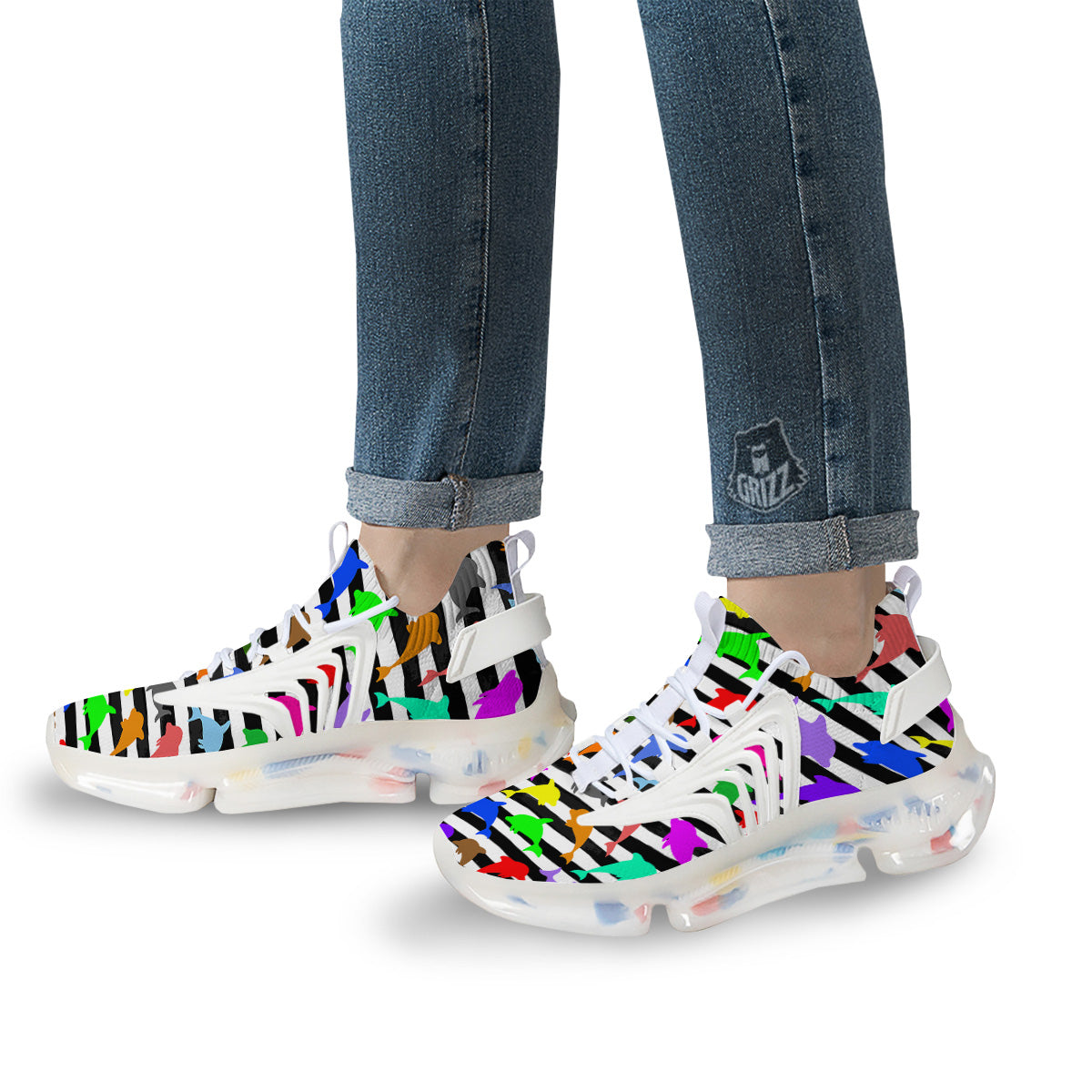Striped And Colorful Dolphin Print Pattern White Gym Shoes-grizzshop