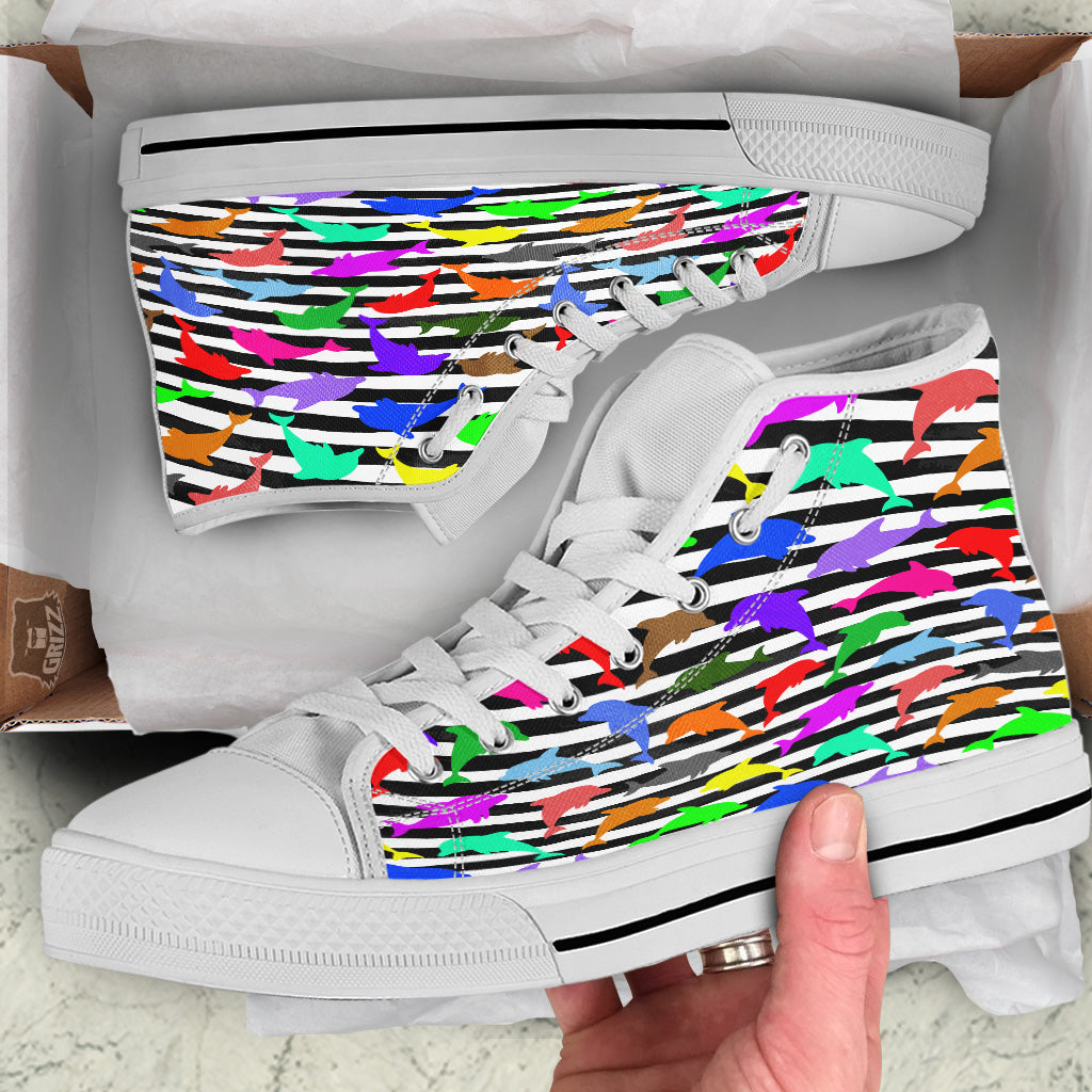 Striped And Colorful Dolphin Print Pattern White High Top Shoes-grizzshop