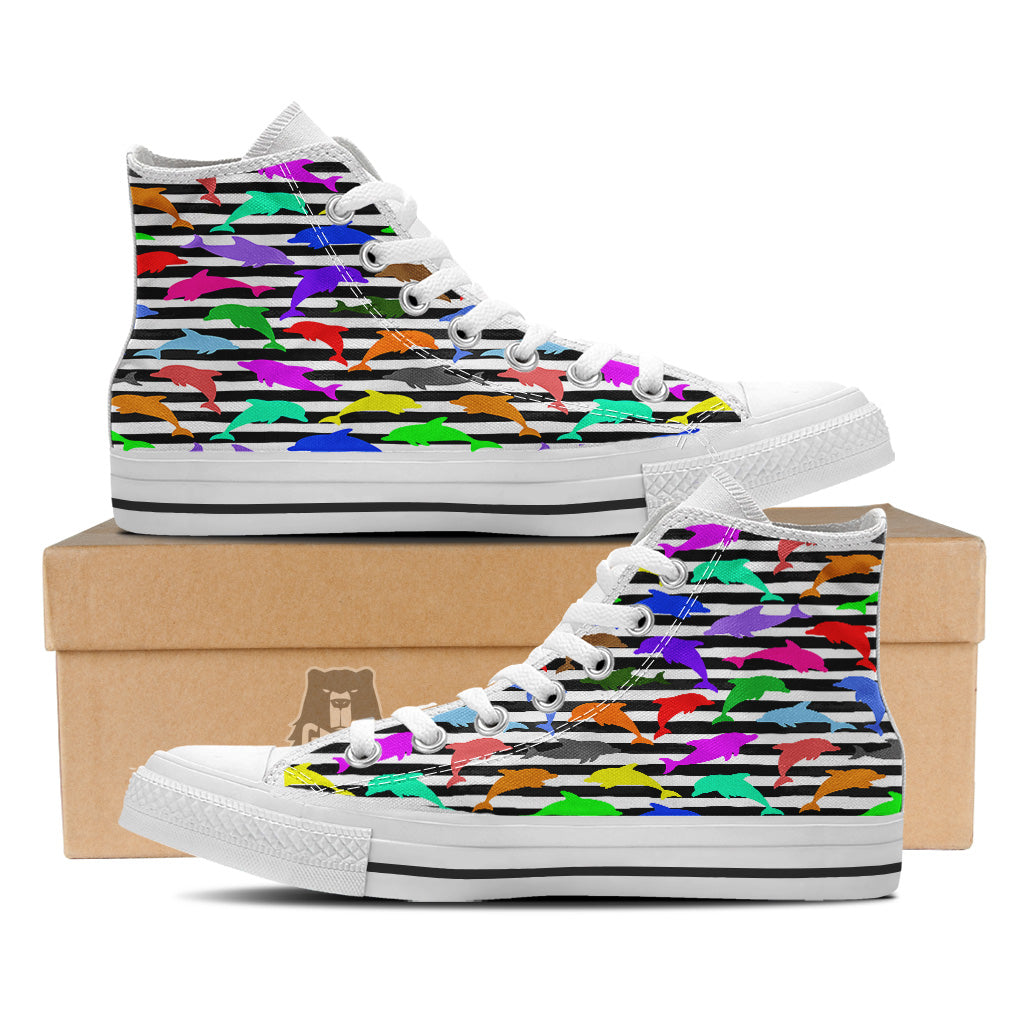 Striped And Colorful Dolphin Print Pattern White High Top Shoes-grizzshop