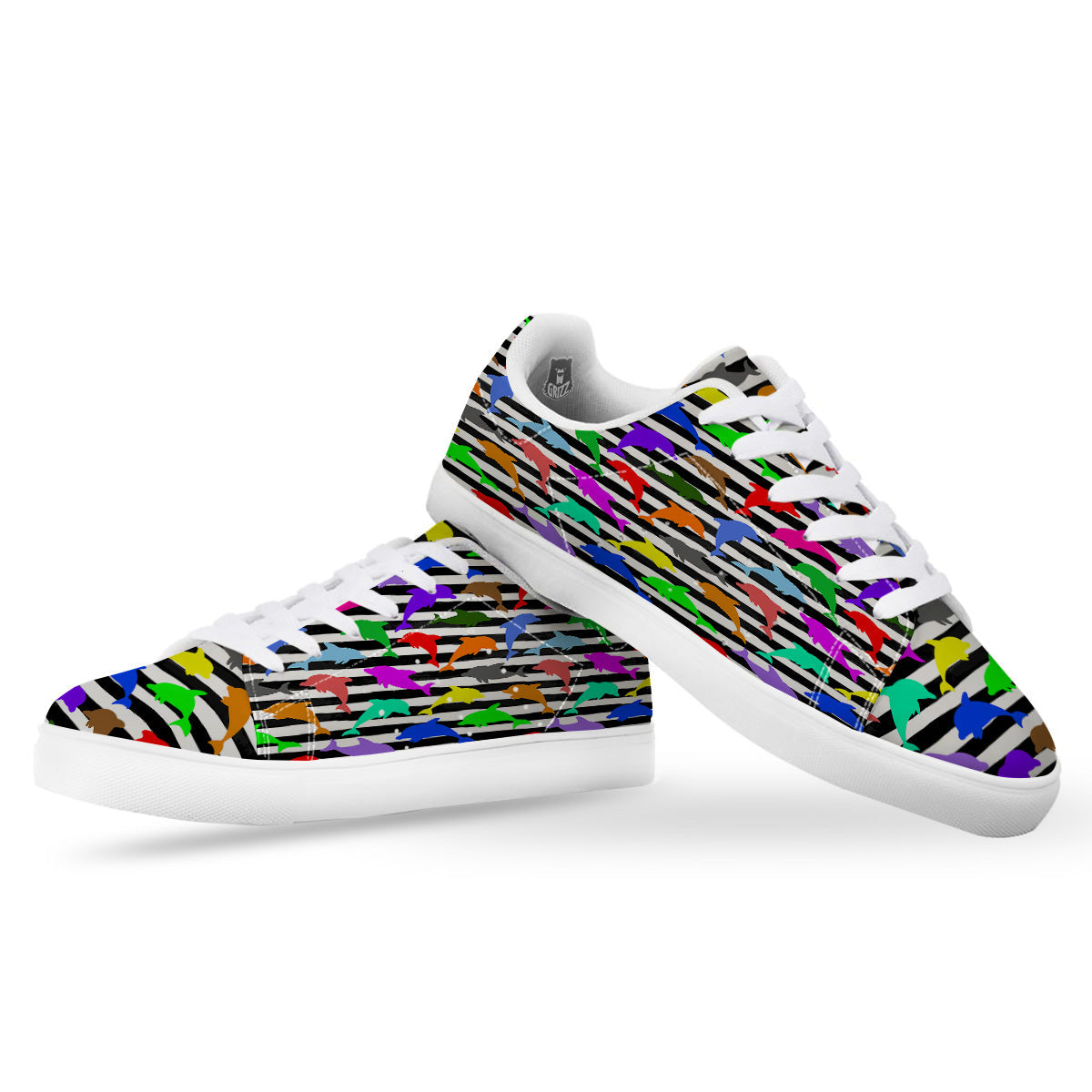 Striped And Colorful Dolphin Print Pattern White Low Top Sneakers-grizzshop