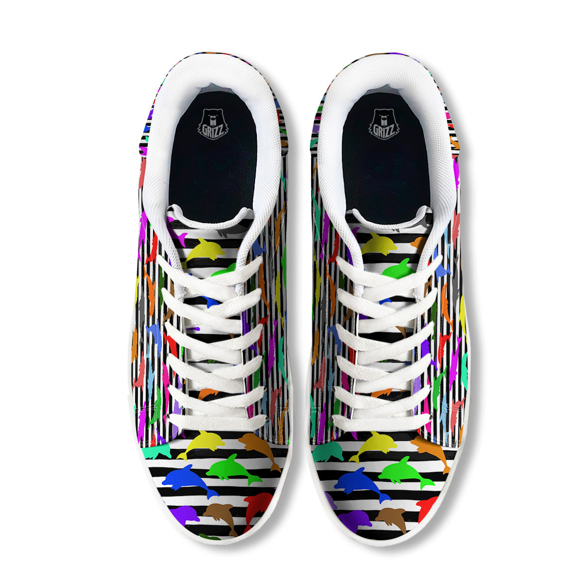 Striped And Colorful Dolphin Print Pattern White Low Top Sneakers-grizzshop