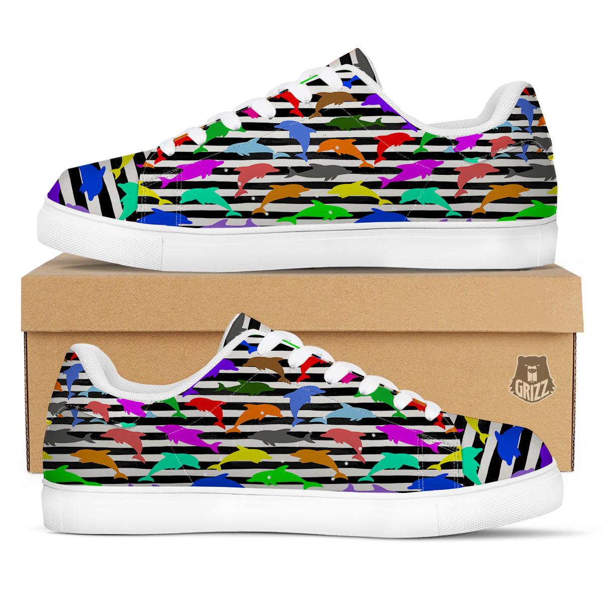 Striped And Colorful Dolphin Print Pattern White Low Top Sneakers-grizzshop