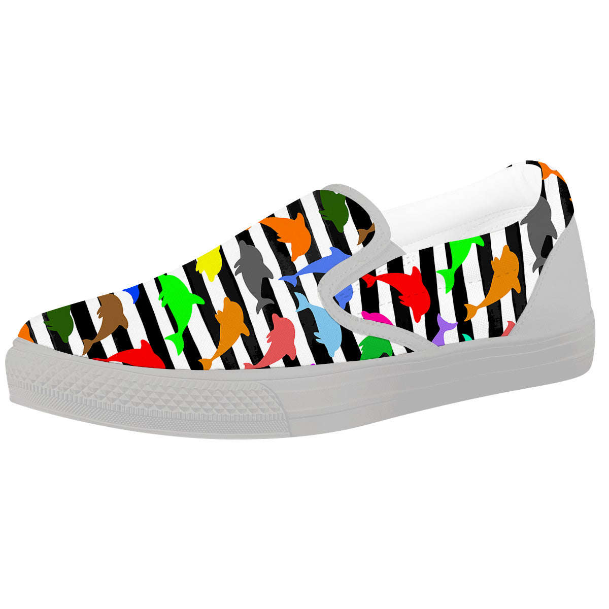 Striped And Colorful Dolphin Print Pattern White Slip On Shoes-grizzshop