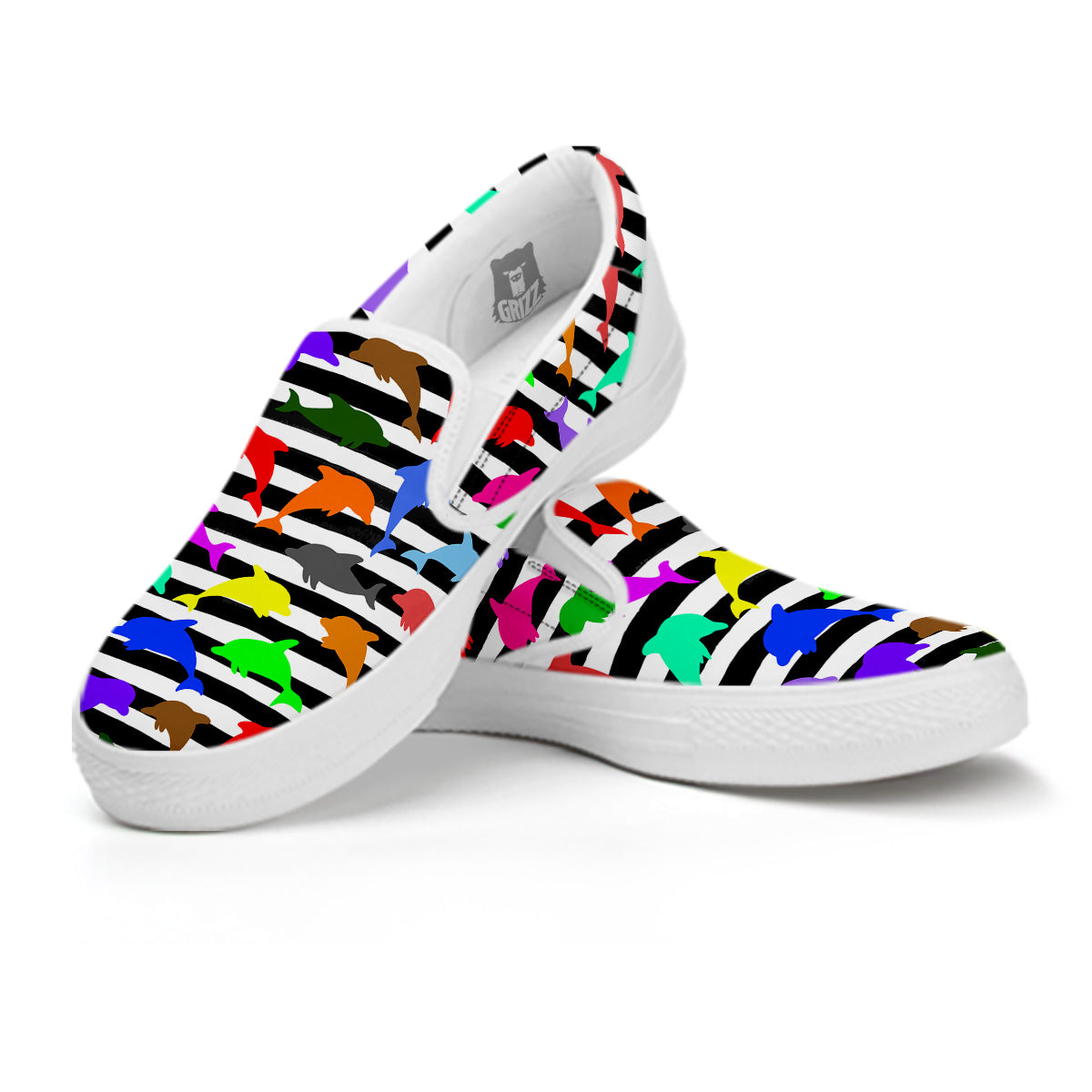 Striped And Colorful Dolphin Print Pattern White Slip On Shoes-grizzshop