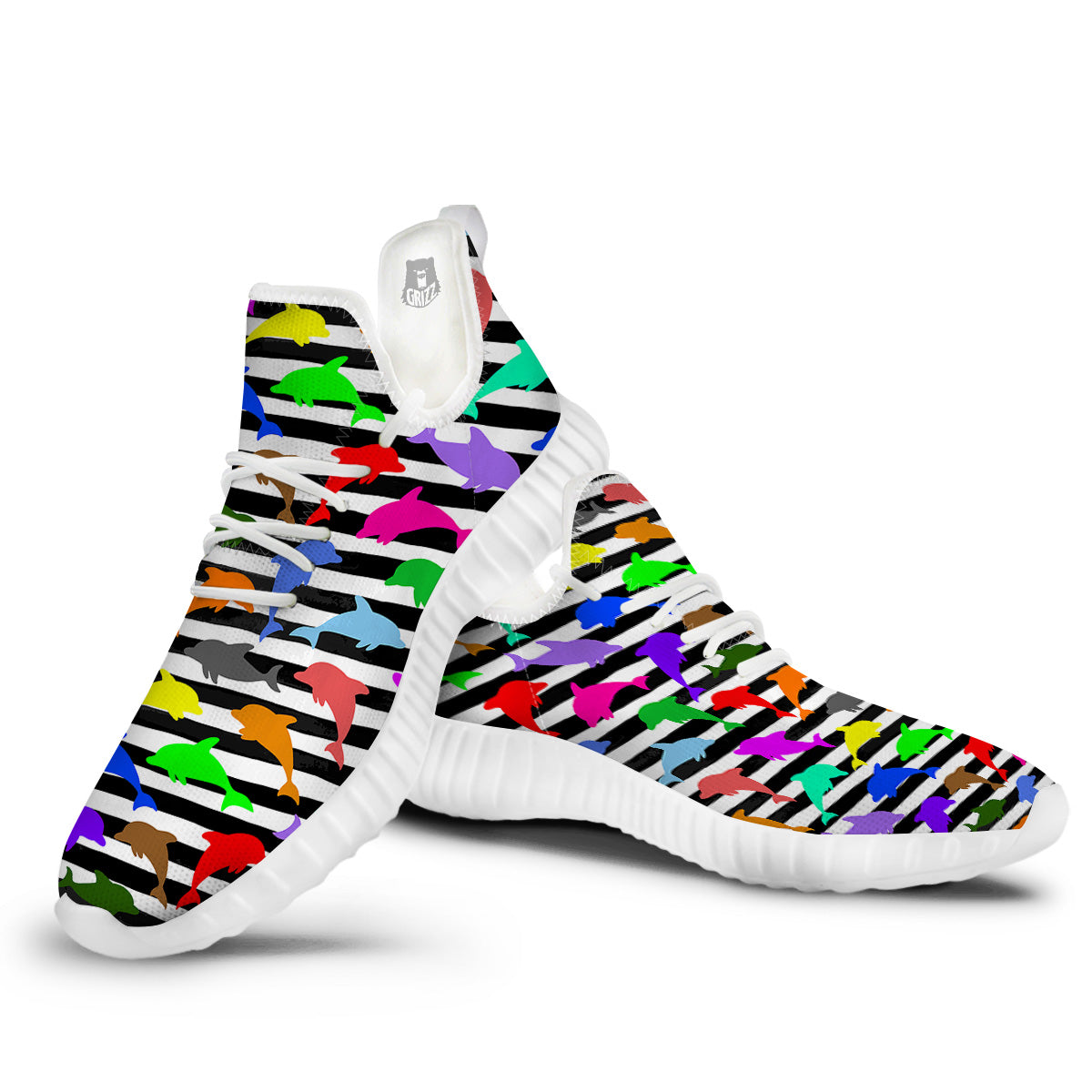 Striped And Colorful Dolphin Print Pattern White Walking Shoes-grizzshop