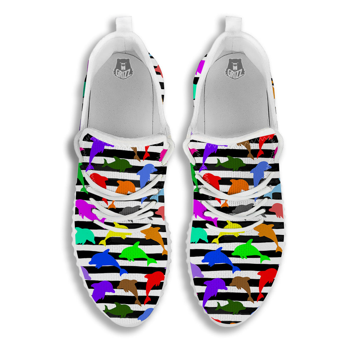 Striped And Colorful Dolphin Print Pattern White Walking Shoes-grizzshop