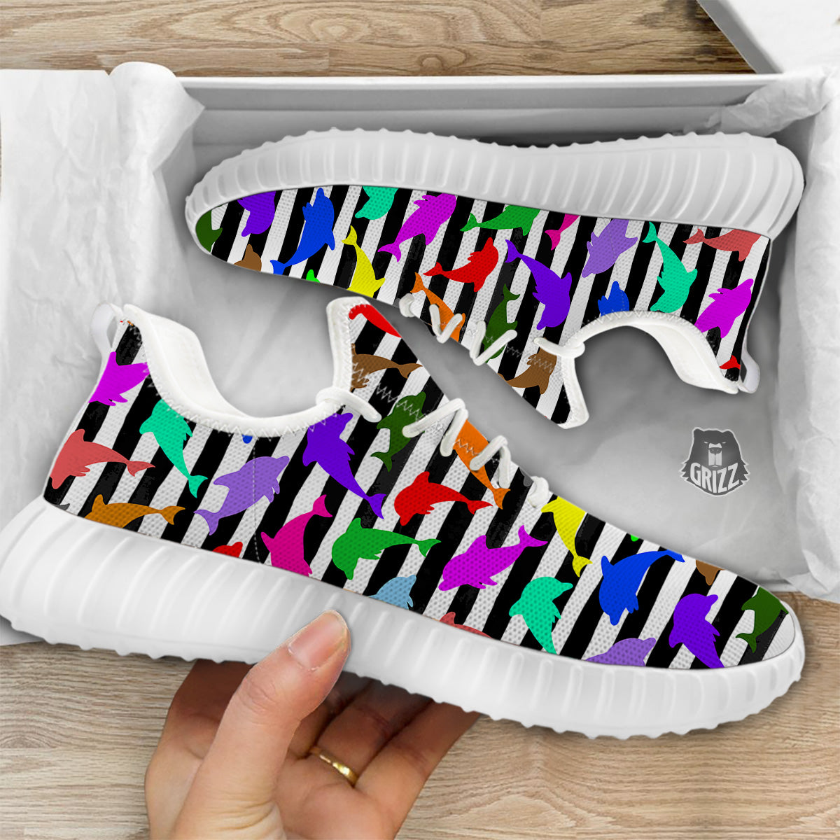 Striped And Colorful Dolphin Print Pattern White Walking Shoes-grizzshop