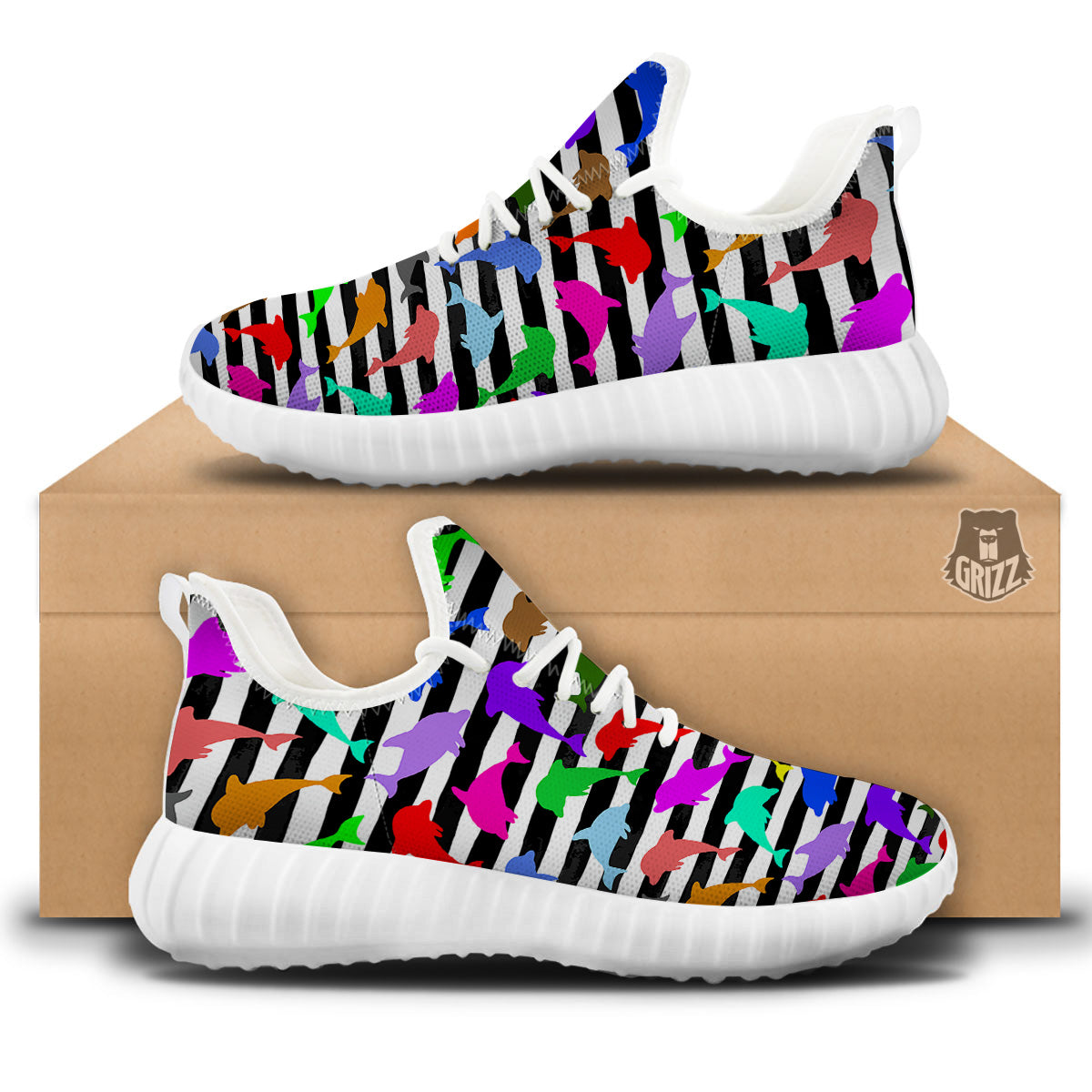 Striped And Colorful Dolphin Print Pattern White Walking Shoes-grizzshop