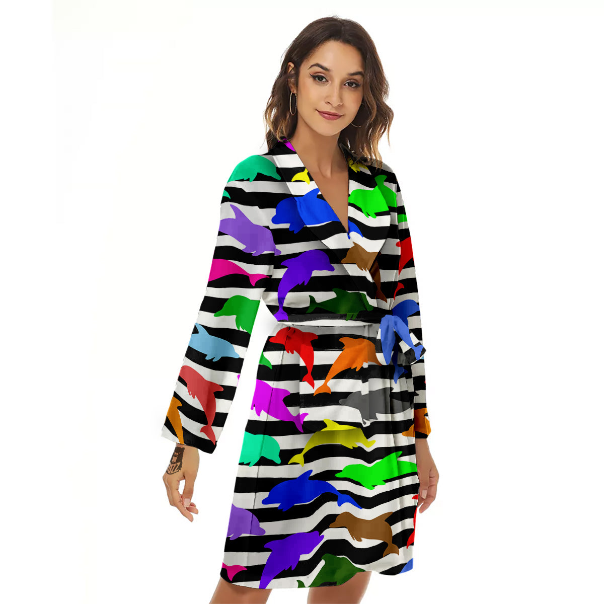 Striped And Colorful Dolphin Print Pattern Women's Robe-grizzshop
