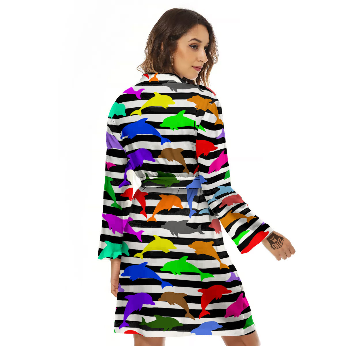 Striped And Colorful Dolphin Print Pattern Women's Robe-grizzshop