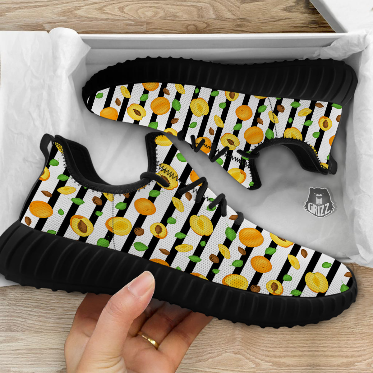 Striped Apricot Print Pattern Black Walking Shoes-grizzshop