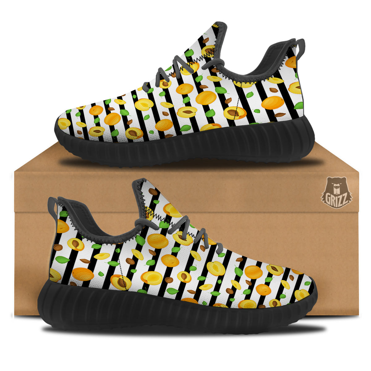 Striped Apricot Print Pattern Black Walking Shoes-grizzshop