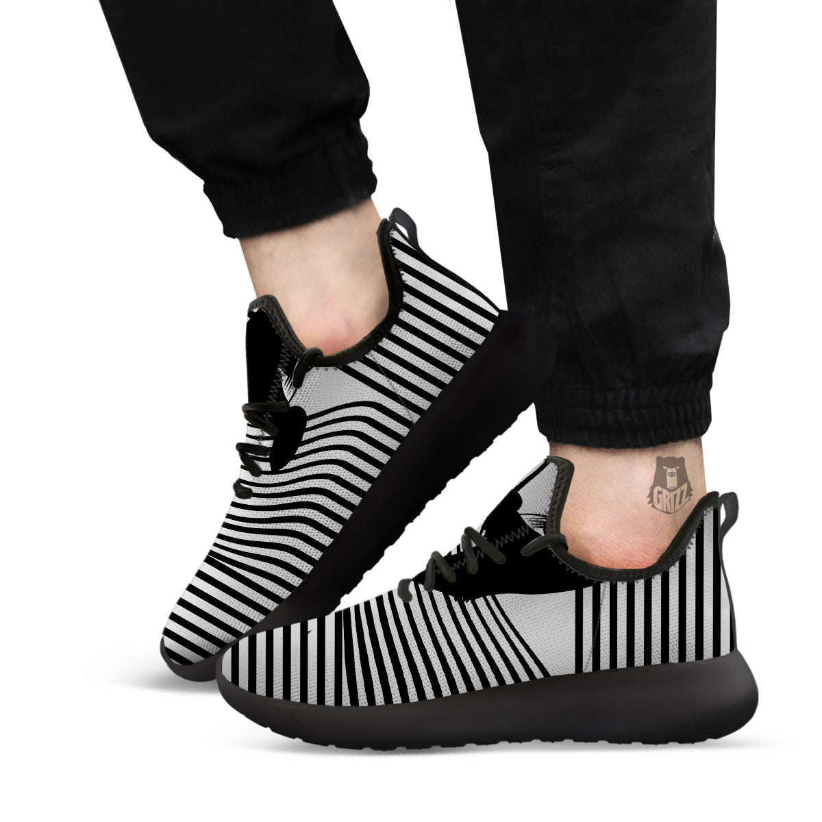 Striped Black Cat Print Black Athletic Shoes-grizzshop