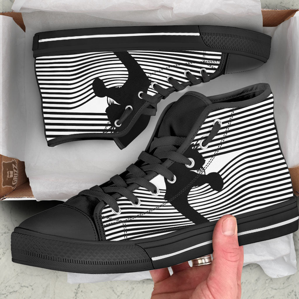 Striped Black Cat Print Black High Top Shoes-grizzshop