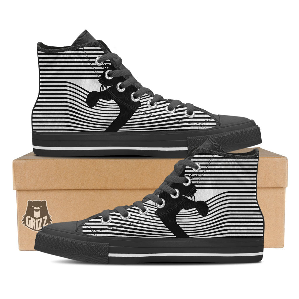 Striped Black Cat Print Black High Top Shoes-grizzshop