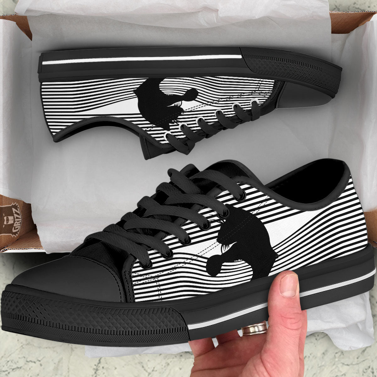 Striped Black Cat Print Black Low Top Shoes-grizzshop