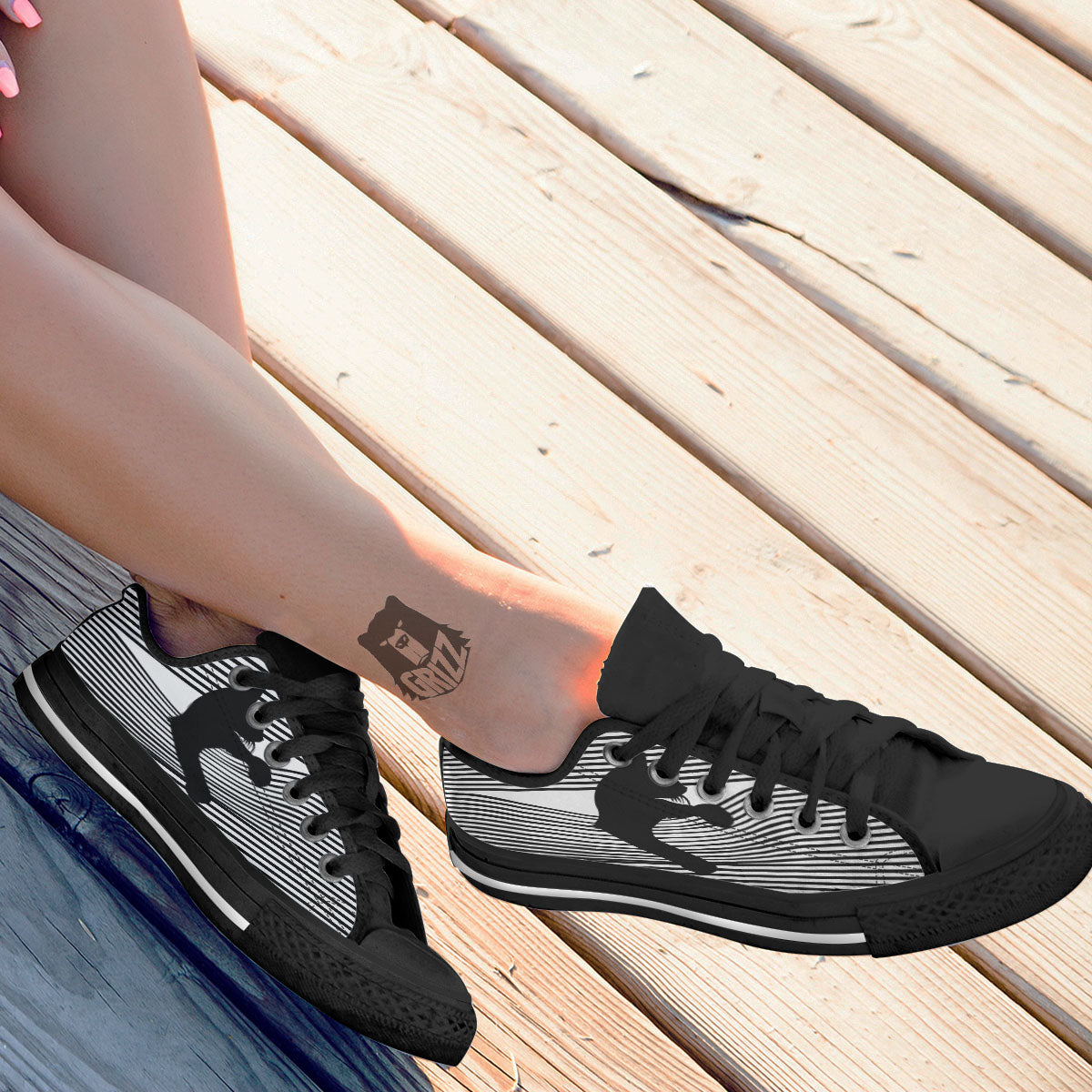 Striped Black Cat Print Black Low Top Shoes-grizzshop