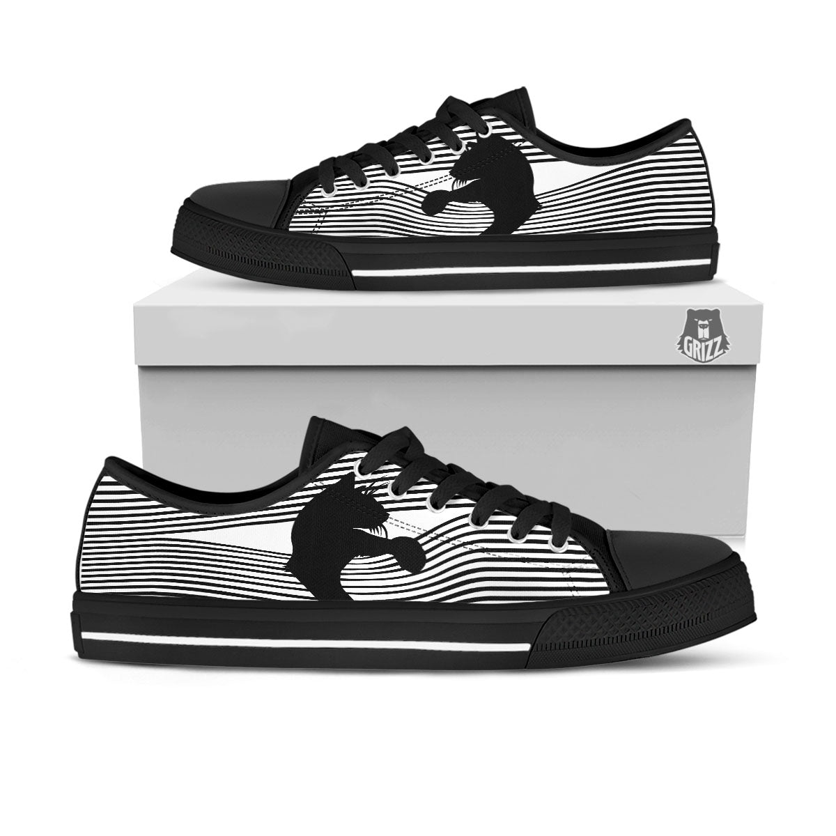 Striped Black Cat Print Black Low Top Shoes-grizzshop