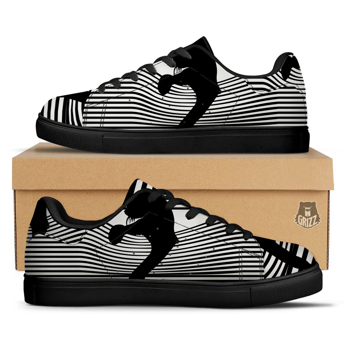 Striped Black Cat Print Black Low Top Sneakers-grizzshop
