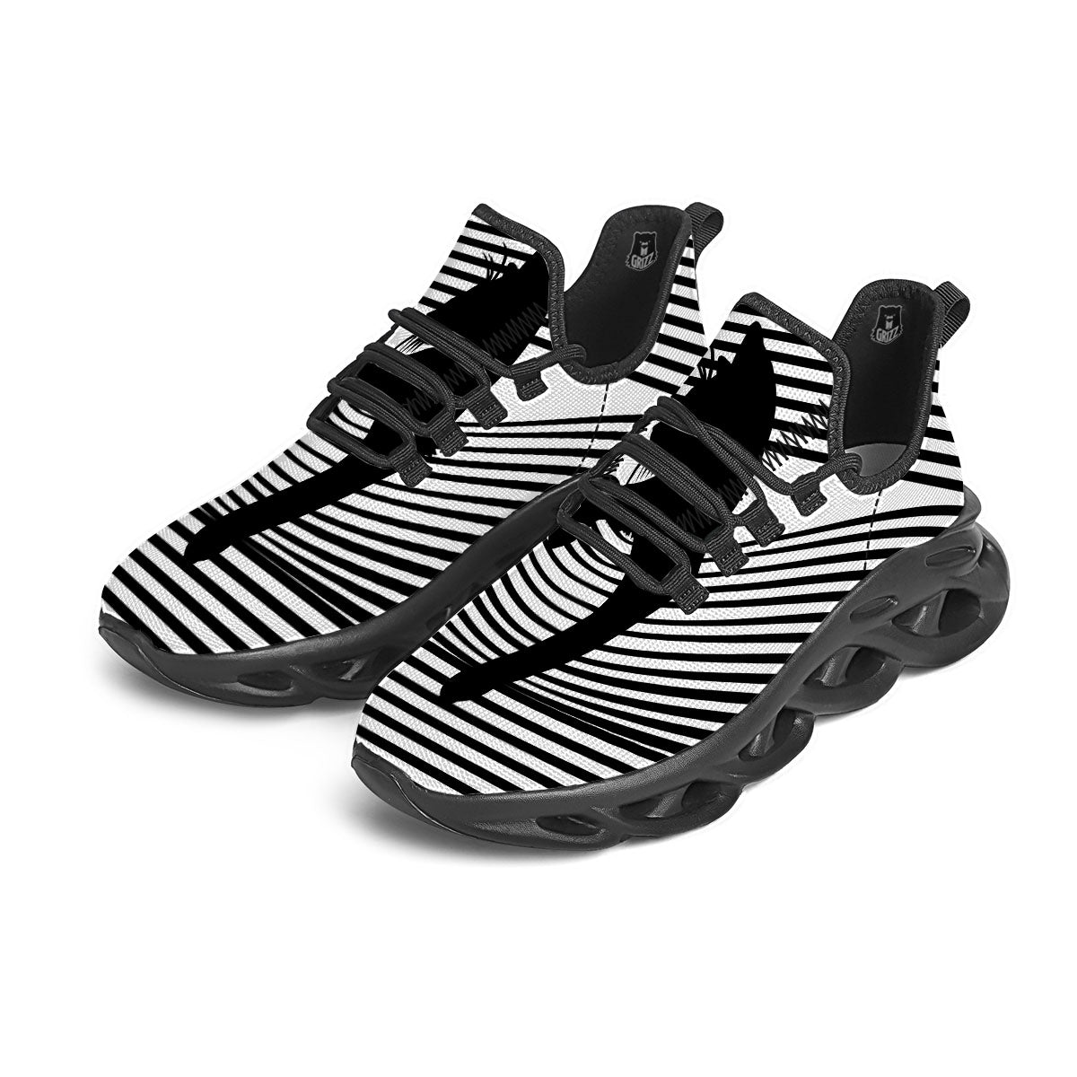 Striped Black Cat Print Black Running Shoes-grizzshop
