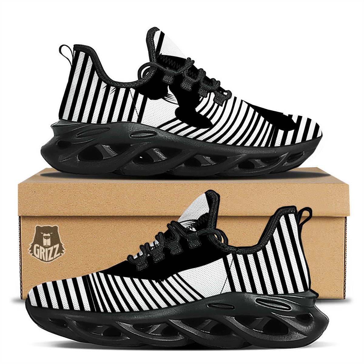 Striped Black Cat Print Black Running Shoes-grizzshop