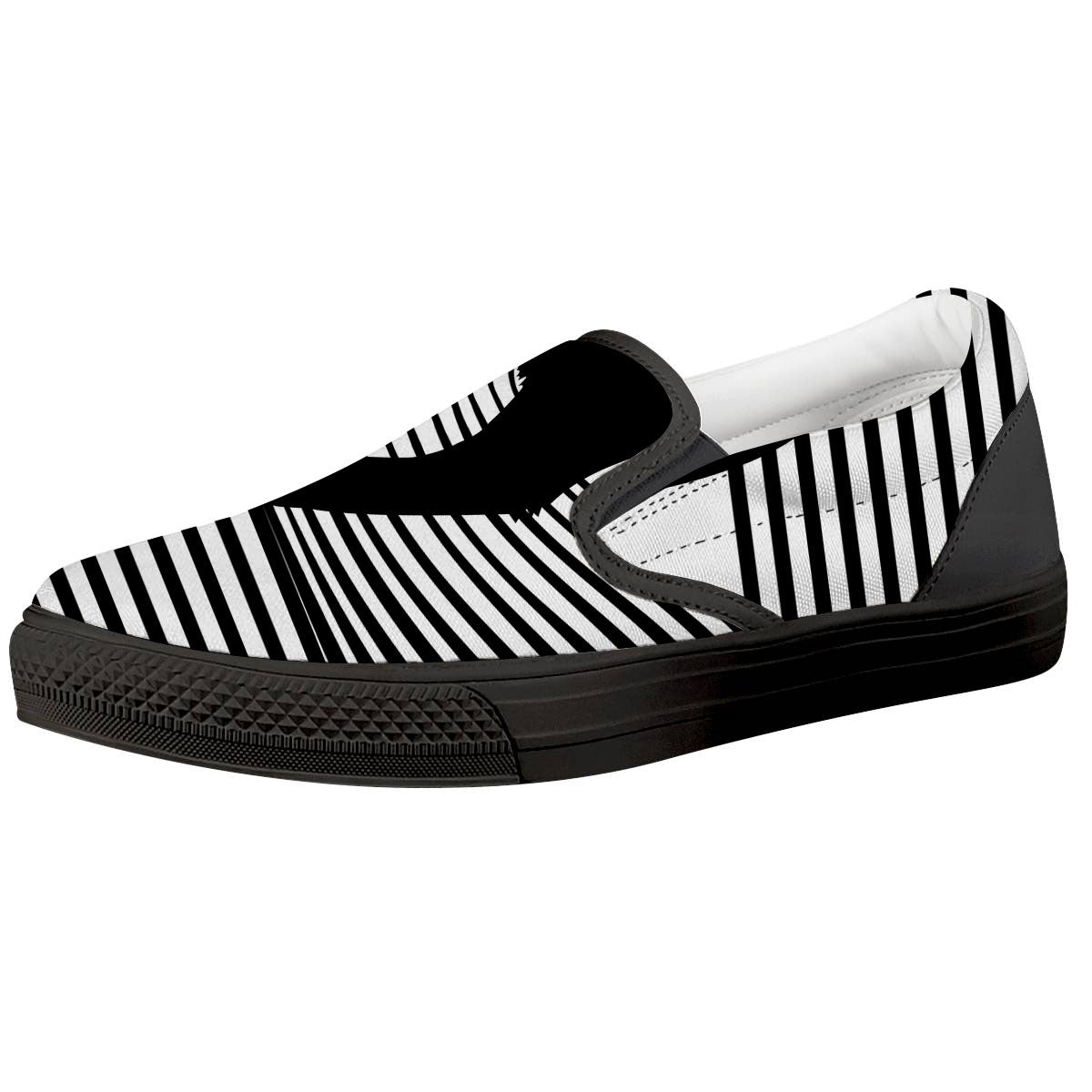 Striped Black Cat Print Black Slip On Shoes-grizzshop