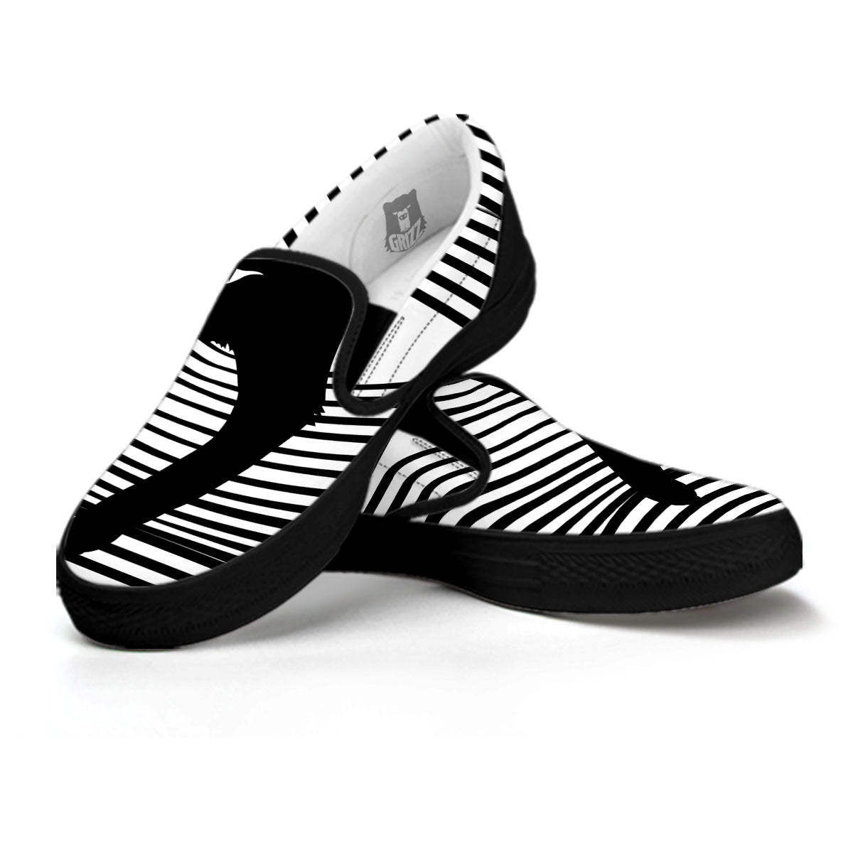 Striped Black Cat Print Black Slip On Shoes-grizzshop