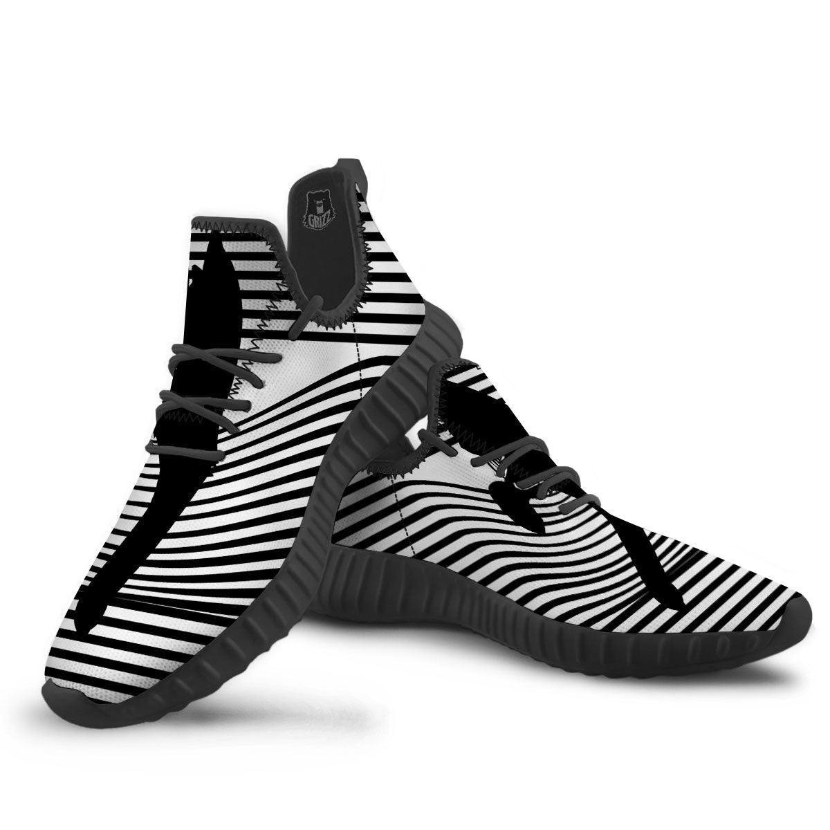 Striped Black Cat Print Black Walking Shoes-grizzshop